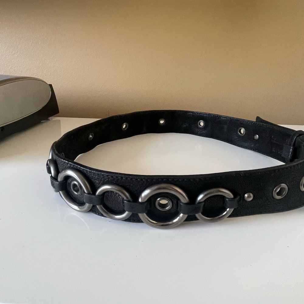 PRADA Black Leather Belt with Dark Silver Buckle and Metal Circle Accents - Picture 7 of 11